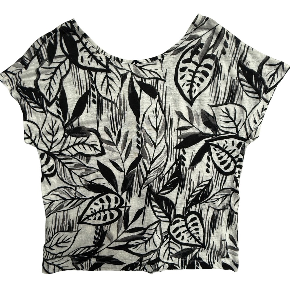 Tahari 100% Linen Top Womens M Black White Tropical Leaf Print Button Back